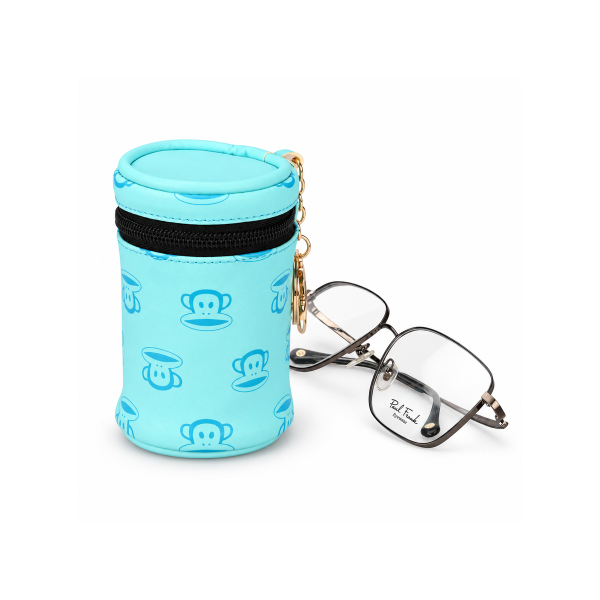 Light Blue Cylinder Coin Purse, Cute Cartoon Small Zipper Wallet with Gold Chain Keychain (8x5x3cm)