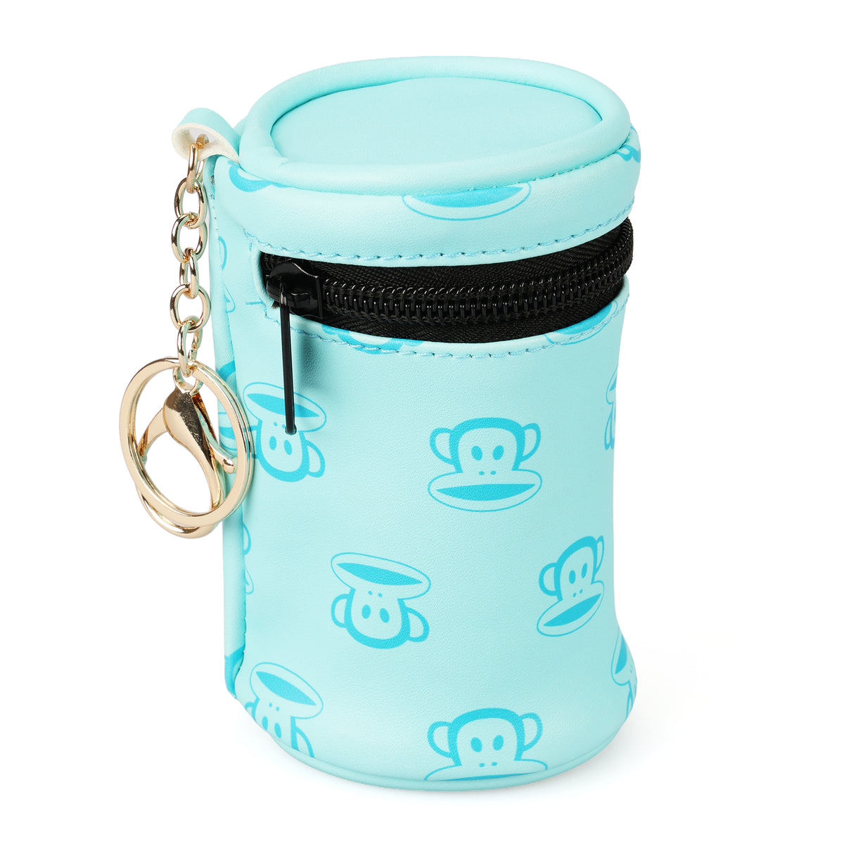 Light Blue Cylinder Coin Purse, Cute Cartoon Small Zipper Wallet with Gold Chain Keychain (8x5x3cm)