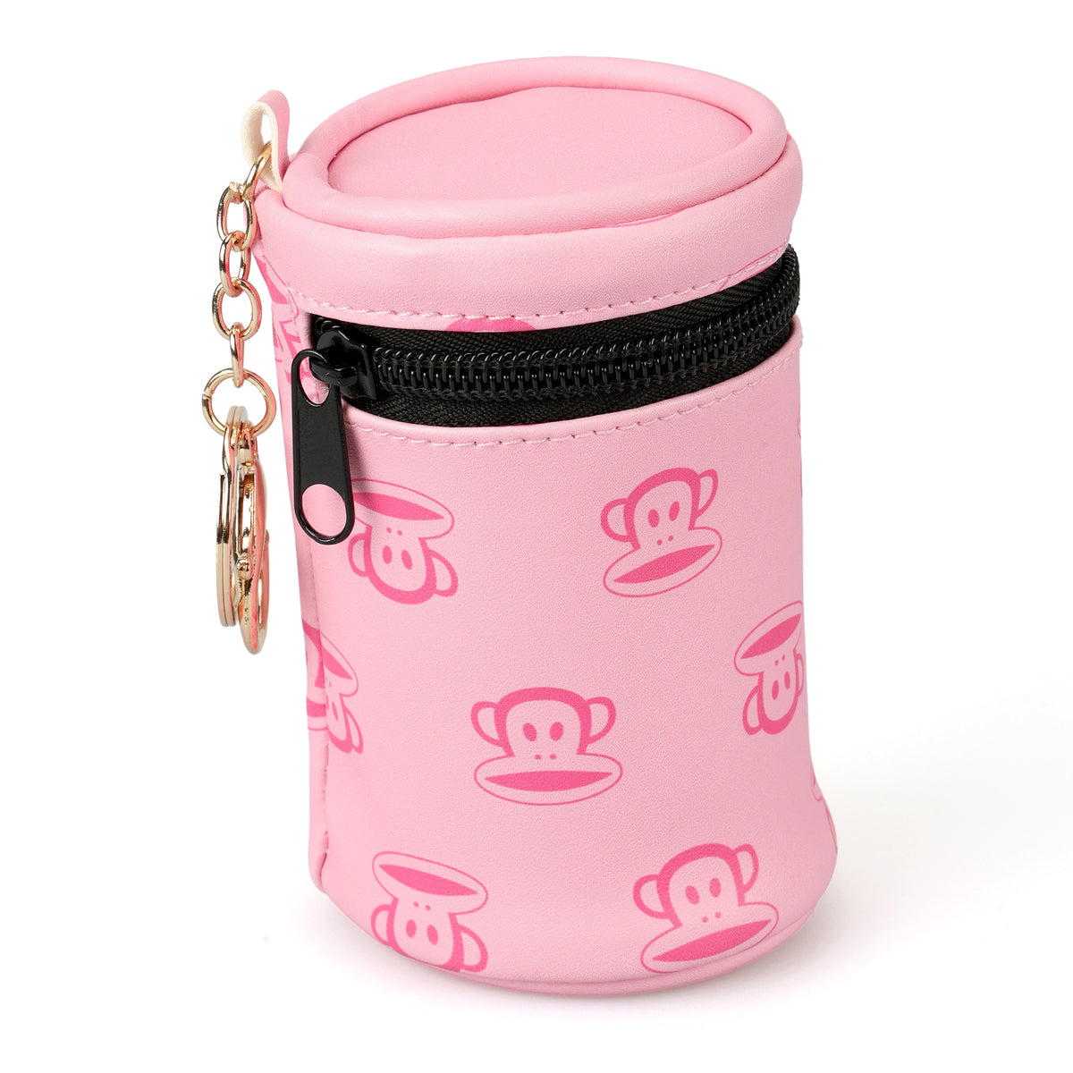 Pink Cylinder Coin Purse, Cute Cartoon Small Zipper Wallet with Gold Chain Keychain